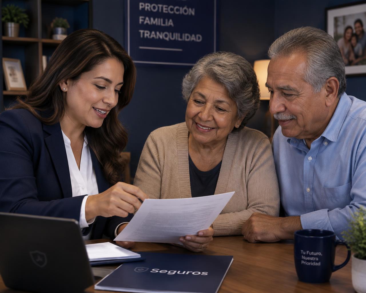 Agente de seguros bilingüe conversando con una pareja de adultos mayores hispanos