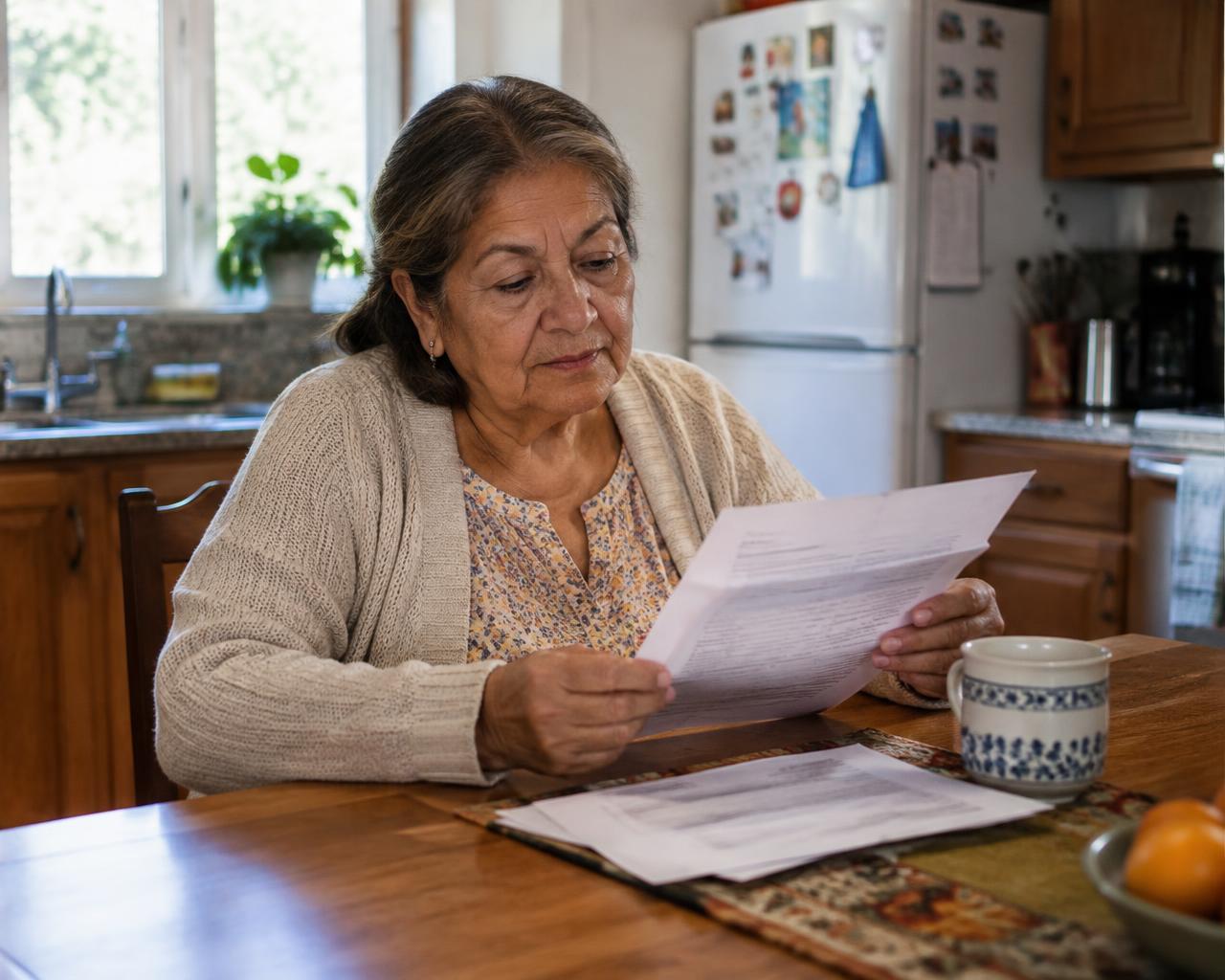Mujer hispana adulta mayor revisando información sobre Medicare tranquilamente en su casa